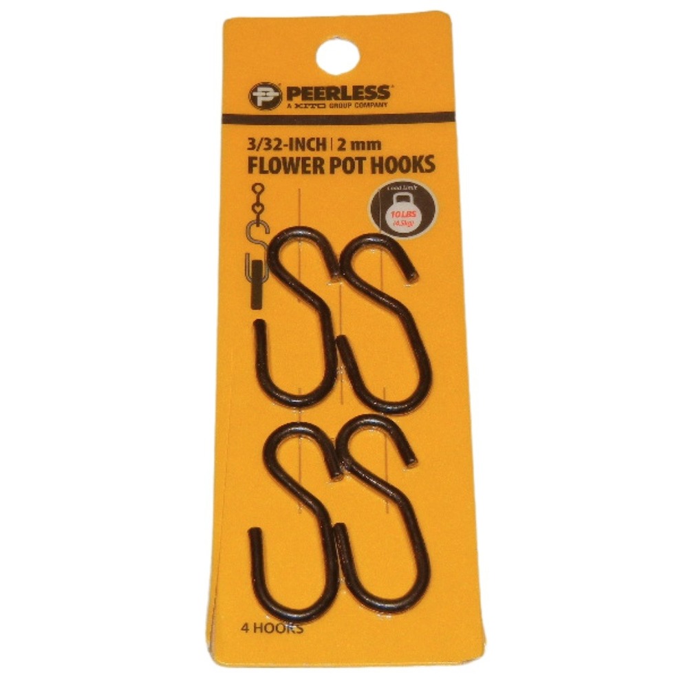 Peerless Flower Pot‎ Hooks 3/32-Inch 2 mm Black Metal S Hooks 4 Pack
